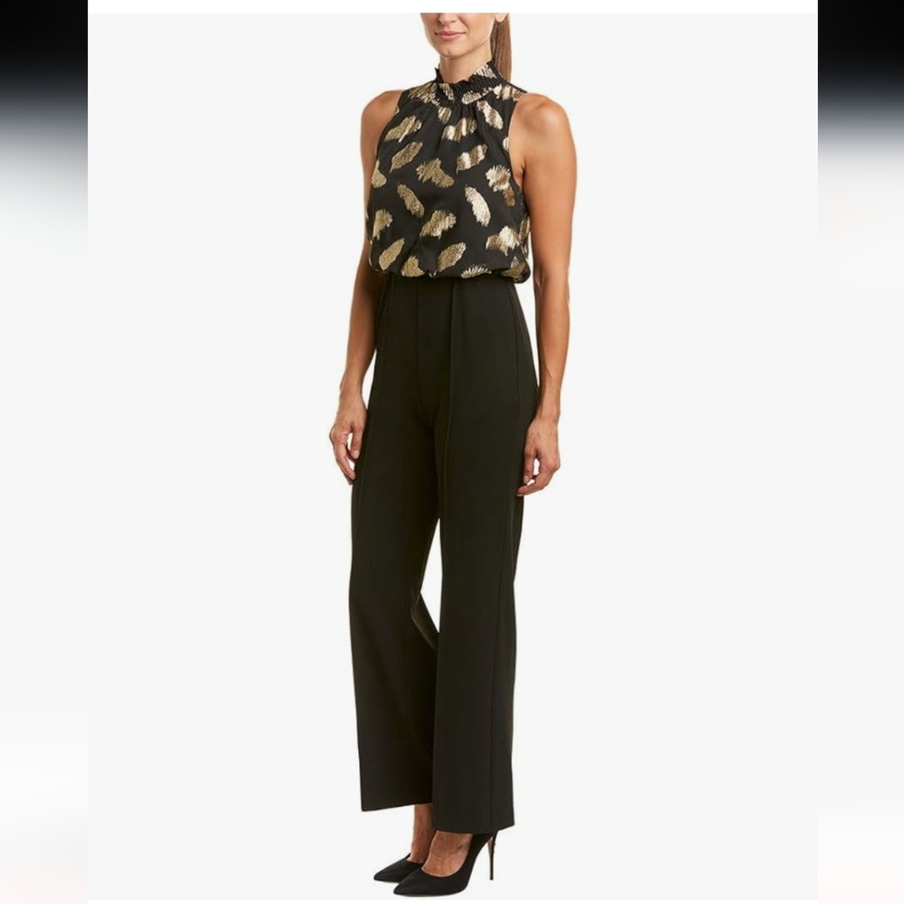 Donna Morgan black gold feather jumpsuit
